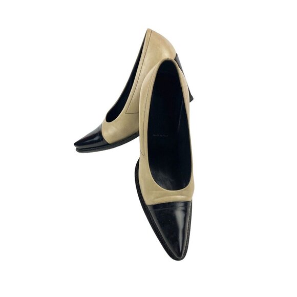 Prada Pointed Cap Toe Womens Beige Black Block Heel Two Tone Classic Pumps S 6.5 - Picture 1 of 14